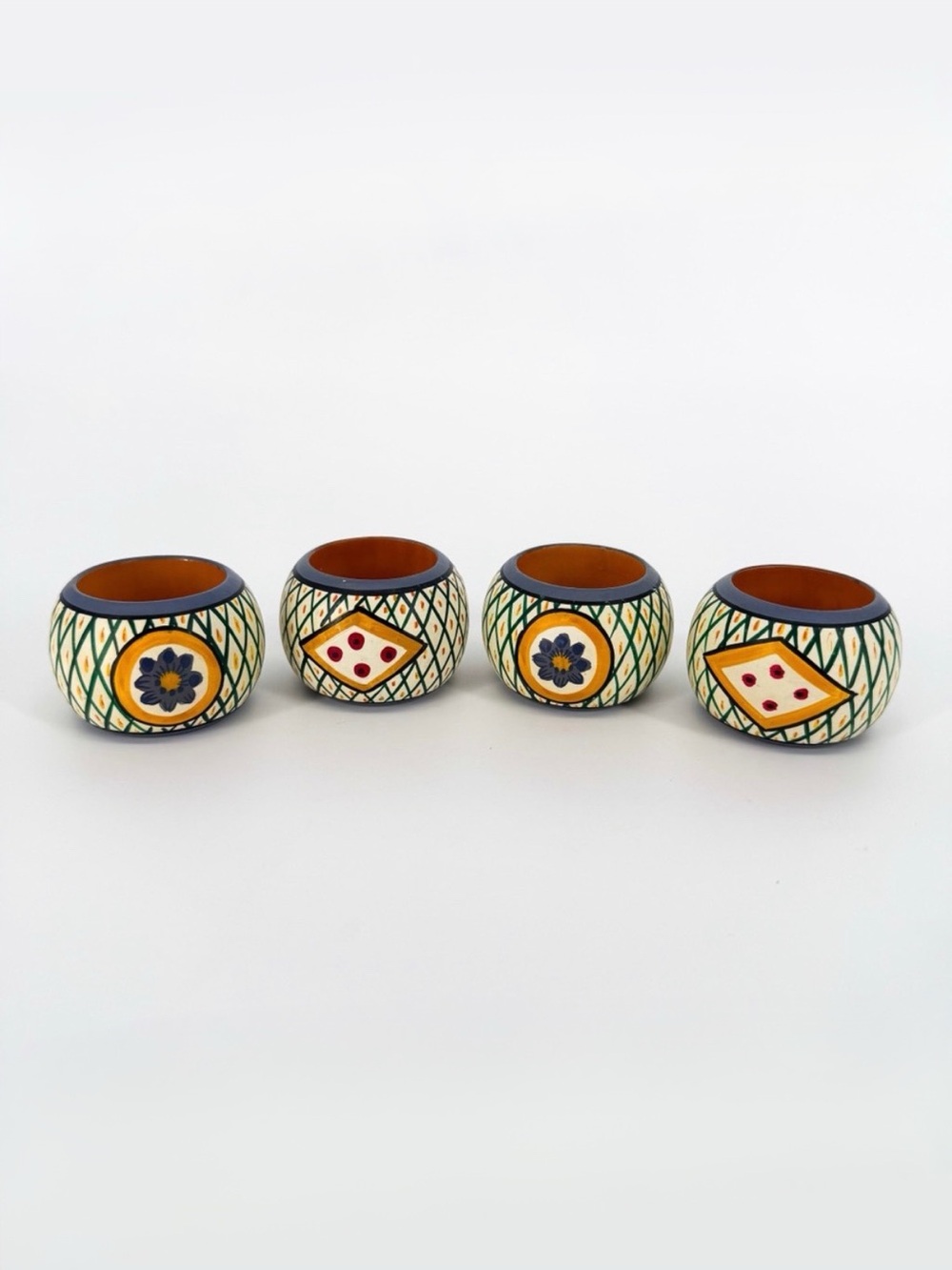 Handpainted Bohemian Folk Art Style Wooden Napkin Rings Set of 4